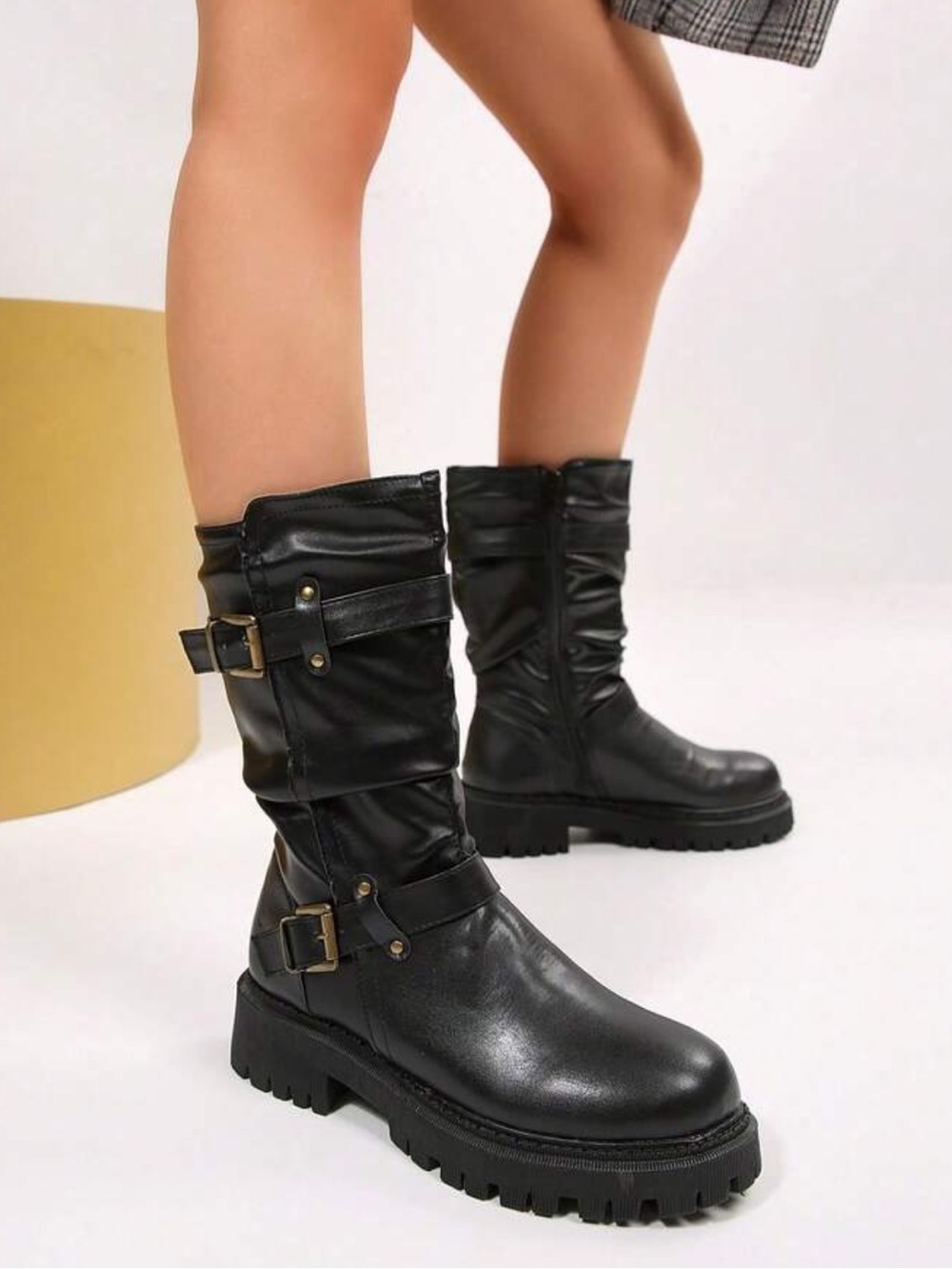 Black Moto Combat Boots Buckle Strap Lug Sole Mid Calf NWOT - Picture 8 of 11